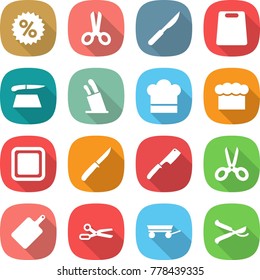 flat vector icon set - percent vector, scissors, scalpel, cutting board, stands for knives, cook hat, chief, knife, chef, trailer, pruner