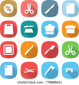 flat vector icon set - percent vector, scissors, scalpel, cutting board, cook hat, chief, knife, chef, axe, trailer