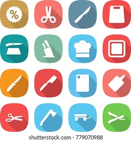 flat vector icon set - percent vector, scissors, scalpel, cutting board, stands for knives, cook hat, knife, chef, axe, trailer, pruner