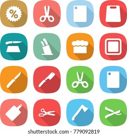 flat vector icon set - percent vector, scissors, cutting board, stands for knives, chief hat, knife, chef, axe, pruner
