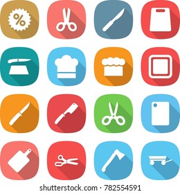 flat vector icon set - percent vector, scissors, scalpel, cutting board, cook hat, chief, knife, chef, axe, trailer