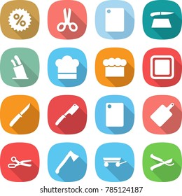 flat vector icon set - percent vector, scissors, cutting board, stands for knives, cook hat, chief, knife, chef, axe, trailer, pruner