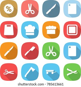 flat vector icon set - percent vector, scissors, scalpel, cutting board, cook hat, chief, knife, chef, axe, trailer, pruner