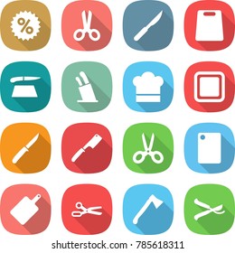flat vector icon set - percent vector, scissors, scalpel, cutting board, stands for knives, cook hat, knife, chef, axe, pruner