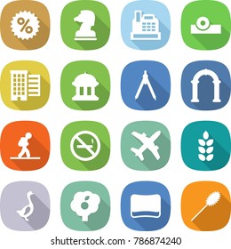 flat vector icon set - percent vector, chess horse, cashbox, head reflector, houses, goverment house, drawing compasses, arch, tourist, no smoking, plane, spike, goose, garden, sponge, duster
