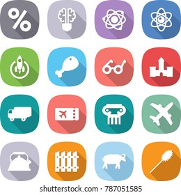 flat vector icon set - percent vector, bulb brain, atom, rocket, chicken leg, pacemaker, castle, shipping, ticket, antique column, plane, kettle, fence, sheep, duster