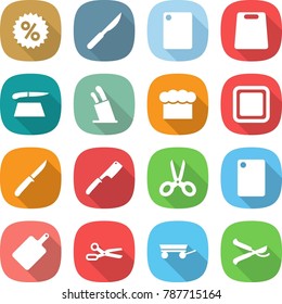 flat vector icon set - percent vector, scalpel, cutting board, stands for knives, chief hat, knife, chef, scissors, trailer, pruner