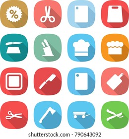flat vector icon set - percent vector, scissors, cutting board, stands for knives, cook hat, chief, chef knife, axe, trailer, pruner