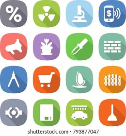 flat vector icon set - percent vector, nuclear, microscope, phone pay, megafon, flower, pipette, brick wall, drawing compasses, cart, windsurfing, fence, connect, kitchen scales, car wash, plunger