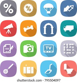 flat vector icon set - percent vector, parachute, up down arrow, telescope, bone, arch, shipping, inventory, camera, tv, circuit, skimmer, clean window, scoop, toilet