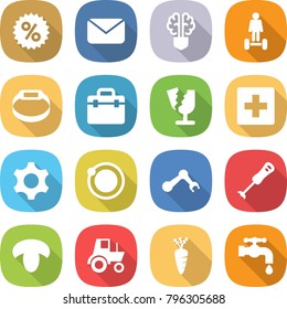 flat vector icon set - percent vector, mail, bulb brain, hoverboard, smart bracelet, doctor bag, broken, first aid, gear, orbit, robot hand, blender, mushroom, tractor, carrot, water tap