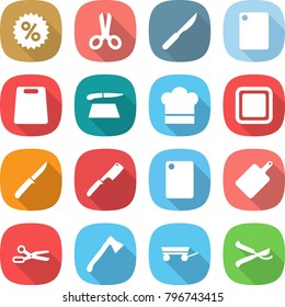 flat vector icon set - percent vector, scissors, scalpel, cutting board, cook hat, knife, chef, axe, trailer, pruner