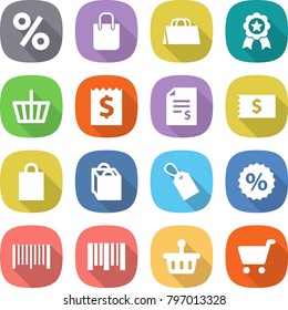 flat vector icon set - percent vector, shopping bag, medal, basket, receipt, account balance, label, bar code, cart