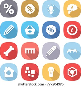 flat vector icon set - percent vector, bulb, brain, pencil, add to basket, info, bone, bridge, smart house, blocks, 3d