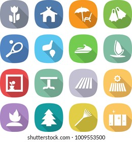 flat vector icon set - perishable vector, bungalow, lounger, flippers, tennis, golf, jet ski, windsurfing, flower in window, table, field, sprouting, spruce, rake, clean