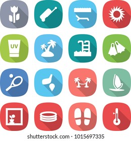 flat vector icon set - perishable vector, suitcase, lounger, sun, uv cream, island, pool, flippers, tennis, golf, palm hammock, windsurfing, flower in window, inflatable, slippers, thermometer