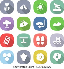 flat vector icon set - perishable vector, tent, sun, aquapark, restaurant, flippers, diving mask, jet ski, inflatable mattress, table, slippers, pool, honeycombs, berry, flower, garden