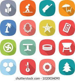flat vector icon set - perishable vector, tourist, suitcase, lounger, palm, hawaiian wreath, starfish, inflatable mattress, cooler fan, table, pool, bbq, honeycombs, thermometer, sun, spruce