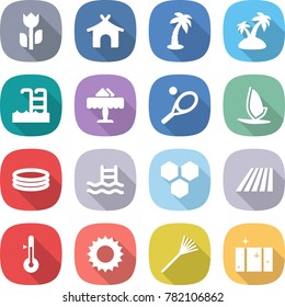 flat vector icon set - perishable vector, bungalow, palm, island, pool, restaurant, tennis, windsurfing, inflatable, honeycombs, field, thermometer, sun, rake, clean window