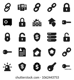 Flat vector icon set - personal information vector, dollar shield, safe, link, big data, server, firewall, chain, lock, key, siren, unlock, smart home, protect, password