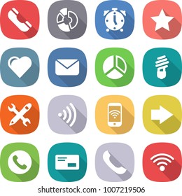flat vector icon set - phone vector, circle diagram, alarm clock, star, heart, mail, bulb, pencil wrench, wireless, right arrow, envelope