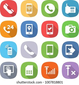 flat vector icon set - phone vector, wireless, 24, mobile location, checking, camera, touchscreen, sim card, antenna signal, no