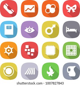 flat vector icon set - phone vector, statistics, atom core, bow, copybook, eye, male sign, hospital bed, handwheel, blocks, cpu, orbit, field, fire, jug