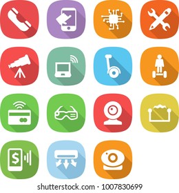 flat vector icon set - phone vector, touch, chip, pencil wrench, telescope, notebook wireless, gyroscooter, hoverboard, tap to pay, smart glasses, web cam, electrostatic, mobile, air conditioning