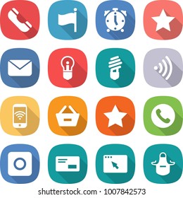 flat vector icon set - phone vector, flag, alarm clock, star, mail, bulb, wireless, remove from basket, ring button, envelope, browser window, apron