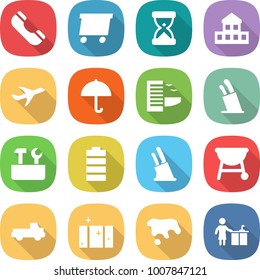flat vector icon set - phone vector, delivery, sand clock, cottage, plane, dry cargo, hotel, stands for knives, repair tools, battery, knife holder, bbq, pickup, clean window, spot, kitchen cleaning