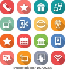 flat vector icon set - phone vector, star, gift, notebook connect, wireless, pay, smart bracelet, antenna, calendar, goverment house, mobile location, trailer, laptop wifi, touchscreen