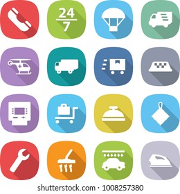 flat vector icon set - phone vector, 24 7, parachute, delivery, ambulance helicopter, shipping, fast deliver, taxi, atm, baggage trolley, service bell, rag, wrench, vacuum cleaner, car wash, iron