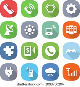 flat vector icon set - phone vector, call, hex molecule, gear, satellite antenna, round around, notebook wireless, server, puzzle, mobile pay, bridge, plug, cloud service, signal