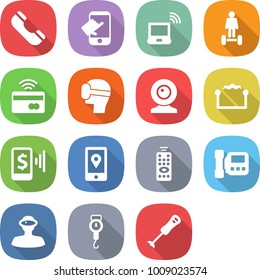 flat vector icon set - phone vector, touch, notebook wireless, hoverboard, tap to pay, virtual mask, web cam, electrostatic, mobile, location, remote control, intercome, vr helmet, handle scales