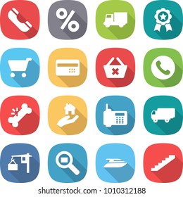 flat vector icon set - phone vector, percent, truck, medal, cart, credit card, delete, broken bone, real estate, shipping, loading, cargo search, yacht, stairs