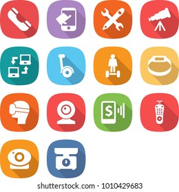 flat vector icon set - phone vector, touch, pencil wrench, telescope, notebook connect, gyroscooter, hoverboard, smart bracelet, virtual mask, web cam, mobile pay, remote control, camera