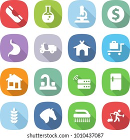 flat vector icon set - phone vector, round flask, microscope, dollar coin, stomach, scooter shipping, bungalow, baggage trolley, home, water tap, server, fridge, spike, horse, brush, vacuum cleaner