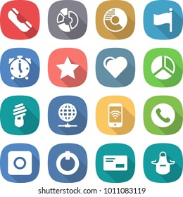 flat vector icon set - phone vector, circle diagram, flag, alarm clock, star, heart, bulb, globe connect, wireless, ring button, on off, envelope, apron