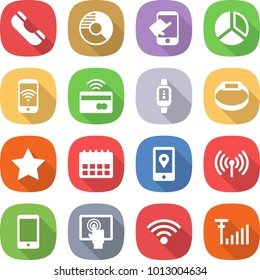 flat vector icon set - phone vector, circle diagram, touch, wireless, tap to pay, smart watch, bracelet, star, calendar, mobile location, touchscreen, antenna signal