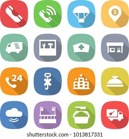 flat vector icon set - phone vector, call, parachute, dollar pin, delivery, tools, medical hat, gas station, 24, do not hook sign, hotel, service bell, cloud, skysrcapers cleaning, washing powder