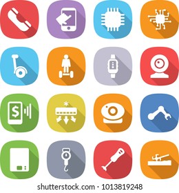 flat vector icon set - phone vector, touch, chip, gyroscooter, hoverboard, smart watch, web cam, mobile pay, air conditioning, camera, robot hand, kitchen scales, handle, blender, soil cutter
