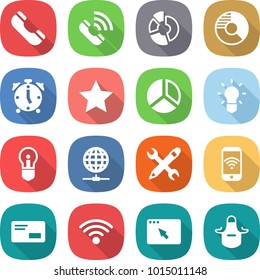 flat vector icon set - phone vector, call, circle diagram, alarm clock, star, bulb, globe connect, pencil wrench, wireless, envelope, browser window, apron