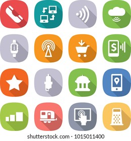 flat vector icon set - phone vector, notebook connect, wireless, cloud, smart watch, antenna, add to cart, mobile pay, star, spark plug, goverment house, location, sorting, trailer, touchscreen