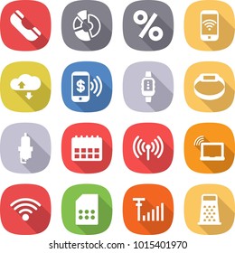 flat vector icon set - phone vector, circle diagram, percent, wireless, cloud service, pay, smart watch, bracelet, spark plug, calendar, laptop wifi, sim card, antenna signal, grater
