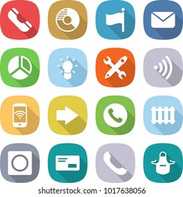 flat vector icon set - phone vector, circle diagram, flag, mail, bulb, pencil wrench, wireless, right arrow, radiator, ring button, envelope, apron