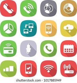 flat vector icon set - phone vector, call, circle diagram, notebook connect, wireless, cloud service, tap to pay, spark plug, calendar, sorting, mobile checking, router