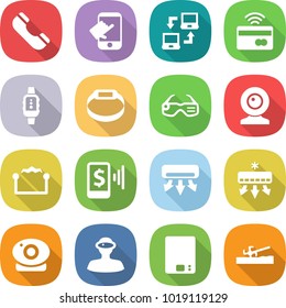 flat vector icon set - phone vector, touch, notebook connect, tap to pay, smart watch, bracelet, glasses, web cam, electrostatic, mobile, air conditioning, camera, vr helmet, kitchen scales