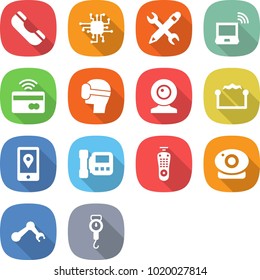 flat vector icon set - phone vector, chip, pencil wrench, notebook wireless, tap to pay, virtual mask, web cam, electrostatic, mobile location, intercome, remote control, camera, robot hand