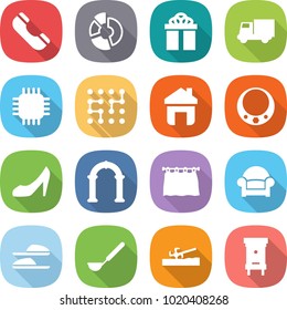 flat vector icon set - phone vector, circle diagram, gift, truck, chip, home, necklace, shoes, arch, curtain, armchair, slippers, ladle, soil cutter, hive