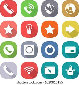 flat vector icon set - phone vector, call, circle diagram, star, bulb, right arrow, ring button, on off, envelope, wireless, browser window, apron